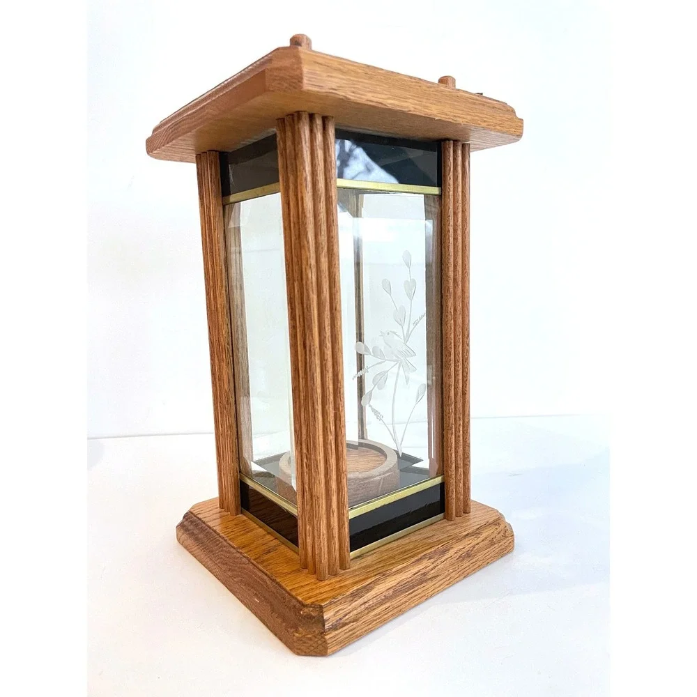 Vintage 80s Oak Wood Etched Glass Bird Lantern Tea Light Candle Holder Handmade
